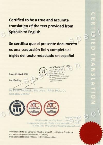 Translate Fast sample certified translation